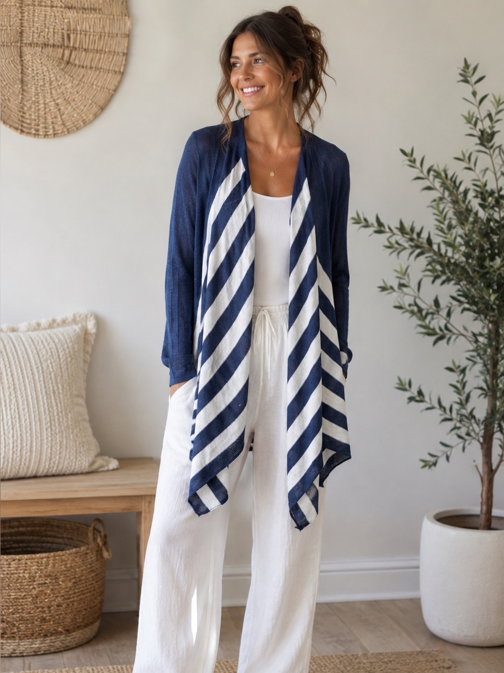 J Jill Linen Blend Striped Open Front Cardigan Blue White Coastal XL